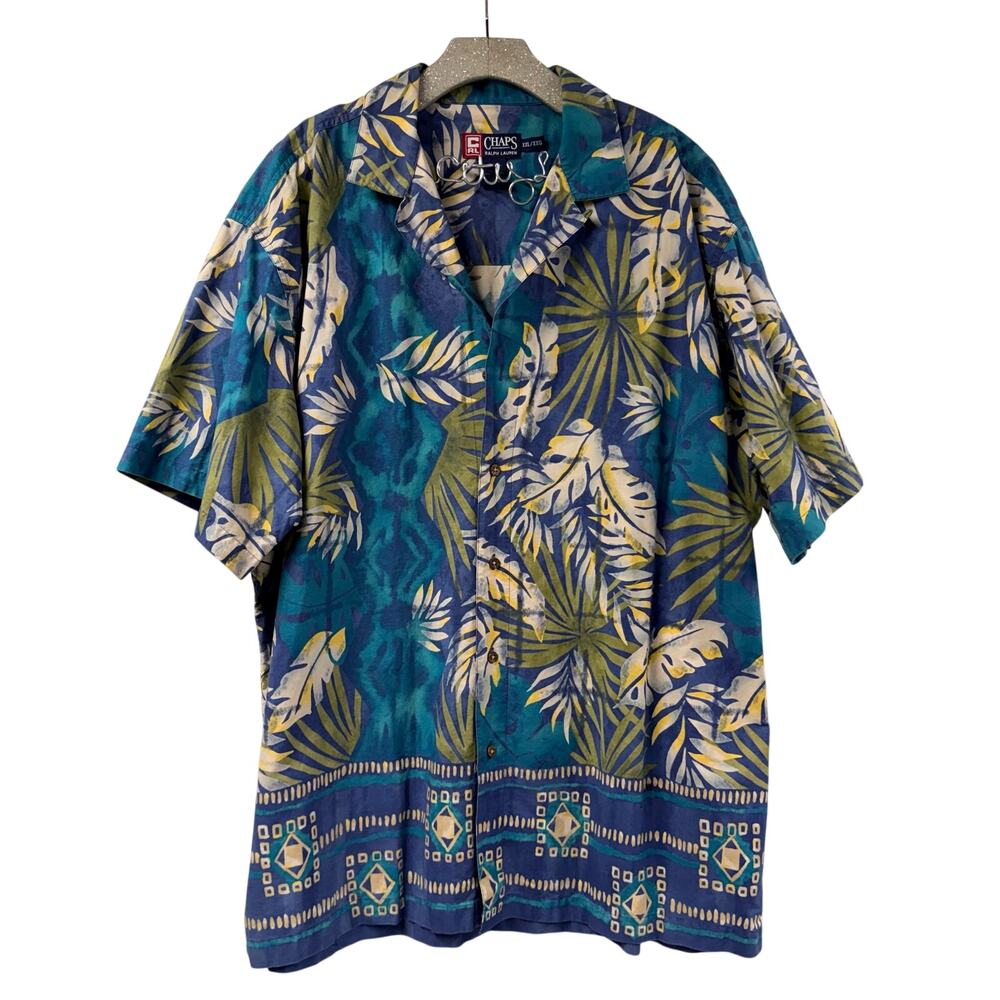Chaps Ralph Lauren Blue Hawaiian Shirt XXL Button Front Cotton